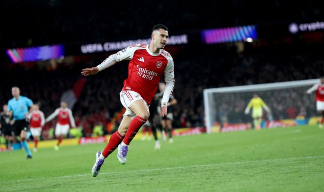 (251127) -- LONDON, Nov. 27, 2025 (Xinhua) -- Arsenal's Gabriel Martinelli celebrates scoring during the UEFA Champions League football match between Arsenal and Bayern Munich in London, Britain, Nov. 26, 2025. (Xinhua/Li Ying)