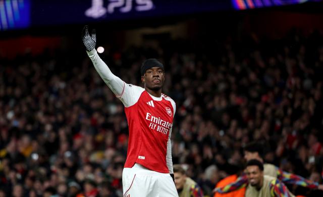 (251127) -- LONDON, Nov. 27, 2025 (Xinhua) -- Arsenal's Noni Madueke celebrates scoring during the UEFA Champions League football match between Arsenal and Bayern Munich in London, Britain, Nov. 26, 2025. (Xinhua/Li Ying)