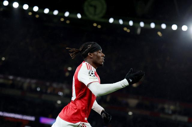 (251127) -- LONDON, Nov. 27, 2025 (Xinhua) -- Arsenal's Noni Madueke celebrates scoring during the UEFA Champions League football match between Arsenal and Bayern Munich in London, Britain, Nov. 26, 2025. (Xinhua/Li Ying)
