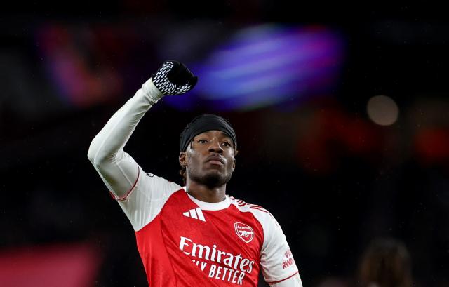 (251127) -- LONDON, Nov. 27, 2025 (Xinhua) -- Arsenal's Noni Madueke celebrates scoring during the UEFA Champions League football match between Arsenal and Bayern Munich in London, Britain, Nov. 26, 2025. (Xinhua/Li Ying)
