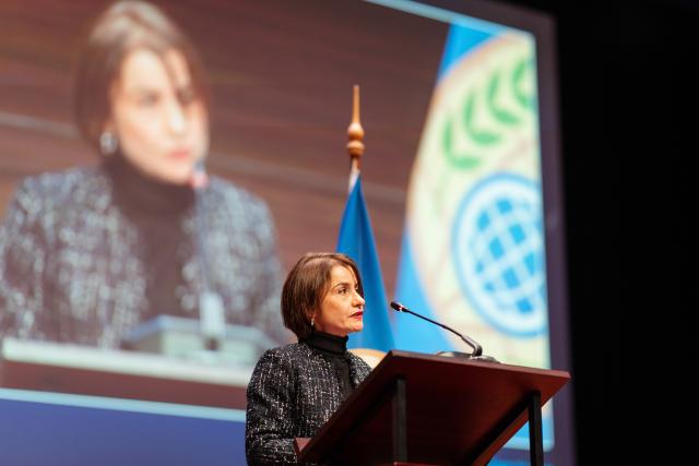 (251127) -- THE HAGUE, Nov. 27, 2025 (Xinhua) -- Sabrina Dallafior addresses the 30th Conference of the States Parties after being appointed as the next Director-General of the Organization for the Prohibition of Chemical Weapons (OPCW) by the Conference in The Hague, the Netherlands, Nov. 27, 2025. Swiss diplomat Sabrina Dallafior was appointed the next Director-General of the Organization for the Prohibition of Chemical Weapons (OPCW) by the Conference of the State Parties on Thursday, for a term of four years. (Xinhua/OPCW)