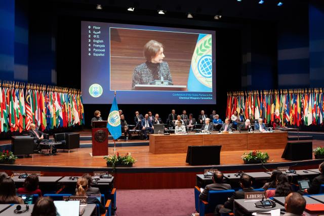 (251127) -- THE HAGUE, Nov. 27, 2025 (Xinhua) -- Sabrina Dallafior addresses the 30th Conference of the States Parties after being appointed as the next Director-General of the Organization for the Prohibition of Chemical Weapons (OPCW) by the Conference in The Hague, the Netherlands, Nov. 27, 2025. Swiss diplomat Sabrina Dallafior was appointed the next Director-General of the Organization for the Prohibition of Chemical Weapons (OPCW) by the Conference of the State Parties on Thursday, for a term of four years. (Xinhua/OPCW)