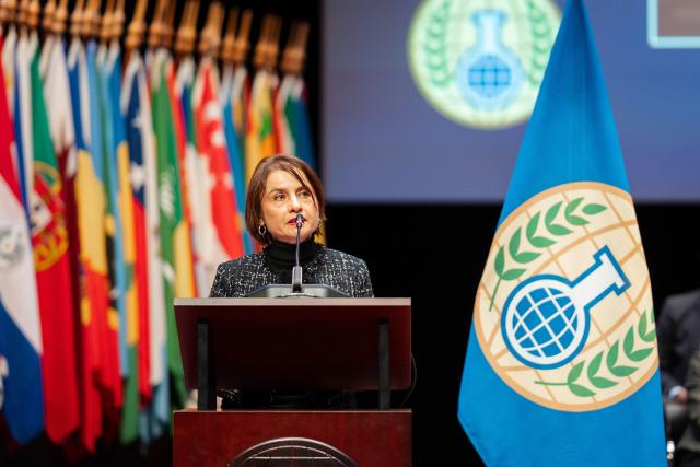 (251128) -- BEIJING, Nov. 28, 2025 (Xinhua) -- Sabrina Dallafior addresses the 30th Conference of the States Parties after being appointed as the next Director-General of the Organization for the Prohibition of Chemical Weapons (OPCW) by the Conference in The Hague, the Netherlands, Nov. 27, 2025. Swiss diplomat Sabrina Dallafior was appointed the next Director-General of the Organization for the Prohibition of Chemical Weapons (OPCW) by the Conference of the State Parties on Thursday, for a term of four years. (Xinhua/OPCW)