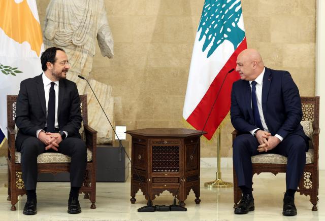 (251128) -- BEIJING, Nov. 28, 2025 (Xinhua) -- Lebanese President Joseph Aoun (R) meets with Cypriot President Nikos Christodoulides at the Baabda presidential palace near Beirut, Lebanon, Nov. 26, 2025. Lebanon and Cyprus on Wednesday signed a historic maritime boundary demarcation agreement, ending nearly two decades of deadlock that had hindered oil and gas exploration in the eastern Mediterranean. (Xinhua/Bilal Jawich)