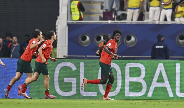 (251128) -- DOHA, Nov. 28, 2025 (Xinhua) -- Anisio Cabral (R) of Portugal celebrates after scoring a goal during the final match between Portugal and Austria at the FIFA U17 World Cup Qatar 2025 in Doha, Qatar, Nov. 27, 2025. Portugal won 1-0. (Photo by Nikku/Xinhua)