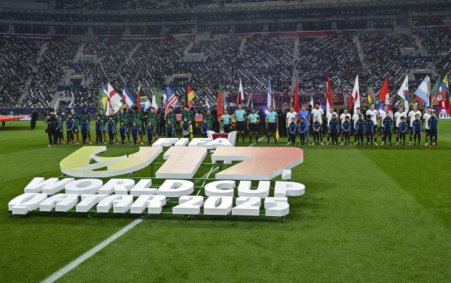 (251128) -- DOHA, Nov. 28, 2025 (Xinhua) -- Players and referees line up prior to the final match between Portugal and Austria at the FIFA U17 World Cup Qatar 2025 in Doha, Qatar, Nov. 27, 2025. Portugal won 1-0. (Photo by Nikku/Xinhua)
