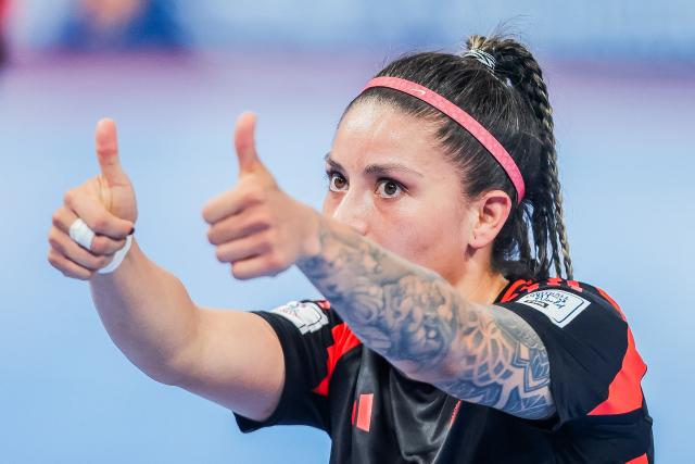 (251128) -- PASIG CITY, Nov. 28, 2025 (Xinhua) -- Diana Celis of Colombia reacts during the group B match between Colombia and Thailand at the FIFA Futsal Women's World Cup 2025 in Pasig City, the Philippines on Nov. 28, 2025. (Xinhua/Rouelle Umali)