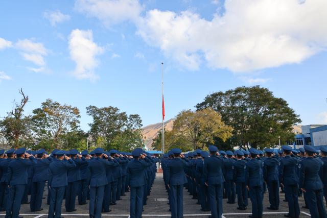(251129) -- HONG KONG, Nov. 29, 2025 (Xinhua) -- A memorial service is held by the Hong Kong Garrison of the Chinese People's Liberation Army to mourn for victims of the residential building fire in Hong Kong, south China, Nov. 29, 2025. (Hong Kong Garrison of the Chinese People's Liberation Army/Handout via Xinhua)
