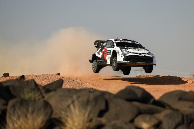 (251130) -- JEDDAH, Nov. 30, 2025 (Xinhua) -- Toyota Gazoo Racing World Rally Team Finnish driver Sami Pajari and Finnish co-driver Marko Salminen compete during the last day of the FIA World Rally Championship (WRC) Saudi Arabia in Jeddah, Saudi Arabia, Nov. 29, 2025. (Photo by Qian Jun/Xinhua)