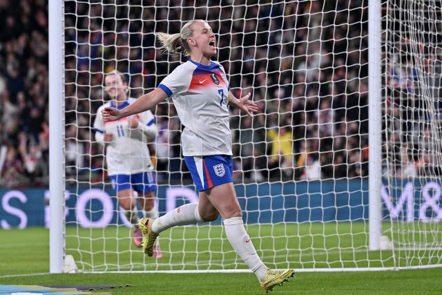 (251130) -- LONDON, Nov. 30, 2025 (Xinhua) -- England's Beth Mead celebrates scoring during an international women's football friendly match between China and England at Wembley Stadium in London, Britain, Nov. 29, 2025. (Photo by Vince Mignott/Xinhua)