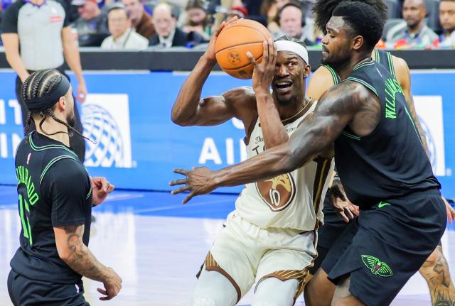 (251130) -- SAN FRANCISCO, Nov. 30, 2025 (Xinhua) -- Jimmy Butler (2nd L) of Golden State Warriors competes during the 2025-2026 NBA regular season match between Golden State Warriors and New Orleans Pelicans in San Francisco, the United States, on Nov. 29, 2025. (Photo by Arthur Dong/Xinhua)