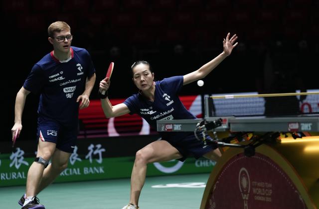 (251130) -- CHENGDU, Nov. 30, 2025 (Xinhua) -- Alexis Lebrun/Jia Nan Yuan (R) of France compete during the mixed doubles match against Victoria Strassburger/Lucas Romanski of Brazil during the stage 1 group match between France and Brazil at the ITTF Mixed Team World Cup 2025 in Chengdu, southwest China's Sichuan Province, Nov. 30, 2025. (Xinhua/Wang Ying)