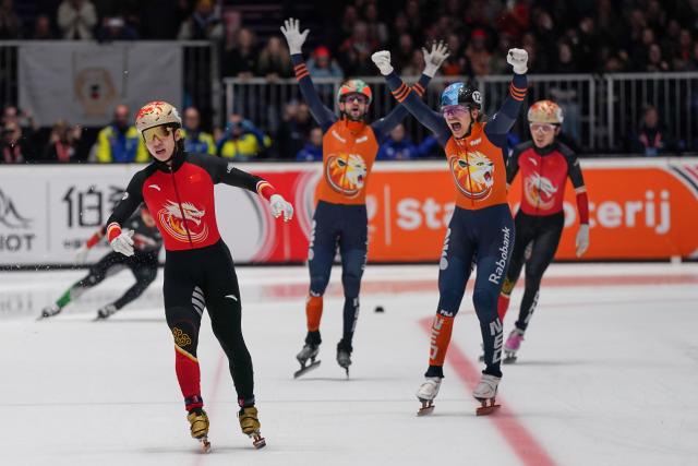 (251201) -- DORDRECHT, Dec. 1, 2025 (Xinhua) -- Skaters of the Netherlands celebrate after winning the men's 5000m relay final A at the ISU Short Track World Tour #4 speed skating event in Dordrecht, the Netherlands, Nov. 30, 2025. (Xinhua/Peng Ziyang)
