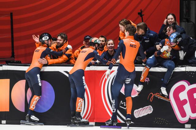 (251201) -- DORDRECHT, Dec. 1, 2025 (Xinhua) -- Members of team the Netherlands celebrate after winning the men's 5000m relay final A at the ISU Short Track World Tour #4 speed skating event in Dordrecht, the Netherlands, Nov. 30, 2025. (Xinhua/Peng Ziyang)
