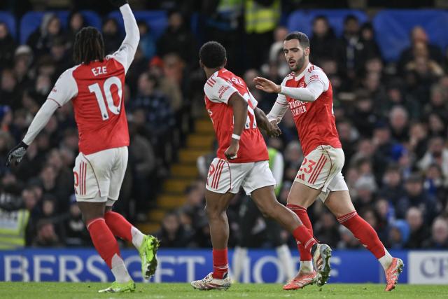 (251201) -- LONDON, Dec. 1, 2025 (Xinhua) -- Mikel Merino of Arsenal celebrates scoring with teammates during the English Premier League match between Arsenal FC and Chelsea FC in London, Britain, on Nov. 30, 2025.
FOR EDITORIAL USE ONLY. NOT FOR SALE FOR MARKETING OR ADVERTISING CAMPAIGNS. NO USE WITH UNAUTHORIZED AUDIO, VIDEO, DATA, FIXTURE LISTS, CLUB/LEAGUE LOGOS OR "LIVE" SERVICES. ONLINE IN-MATCH USE LIMITED TO 45 IMAGES, NO VIDEO EMULATION. NO USE IN BETTING, GAMES OR SINGLE CLUB/LEAGUE/PLAYER PUBLICATIONS. (Xinhua)
