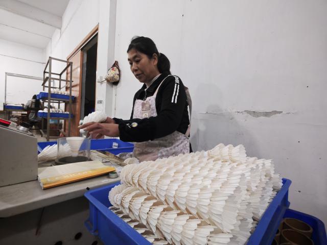 (251201) -- LU'AN, Dec. 1, 2025 (Xinhua) -- A staff member checks the quality of shuttlecocks at a sporting goods company in Lu'an City in east China's Anhui Province, Nov. 17, 2025. By harnessing AI and automation, Lu'an City in east China's Anhui Province, a historic goose-breeding hub, has transformed itself into a key global supplier of feathers -- the core raw material for the badminton industry.
   TO GO WITH "Across China: Traditional goose farming city becomes global badminton production base" (Xinhua/Guo Chen)