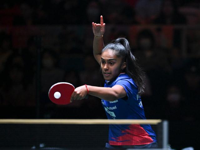 (251201) -- CHENGDU, Dec. 1, 2025 (Xinhua) -- Prithika Pavade of France competes in the women's singles match against Sabine Winter of Germany during the stage 1 group match between Germany and France at the ITTF Mixed Team World Cup 2025 in Chengdu, southwest China's Sichuan Province, Dec. 1, 2025. (Xinhua/Xu Bingjie)