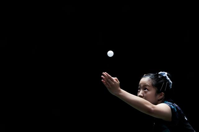(251201) -- CHENGDU, Dec. 1, 2025 (Xinhua) -- Shin Yubin of South Korea competes during the women's singles match against Li Yu-Jhun of Chinese Taipei in the stage 1 group match between South Korea and Chinese Taipei at the ITTF Mixed Team World Cup 2025 in Chengdu, southwest China's Sichuan Province, Dec. 1, 2025. (Xinhua/Wang Ying)