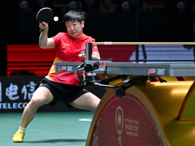 (251201) -- CHENGDU, Dec. 1, 2025 (Xinhua) -- Sun Yingsha of China competes in the women's singles match against Mariam Alhodaby of Egypt during the stage 1 group match between China and Egypt at the ITTF Mixed Team World Cup 2025 in Chengdu, southwest China's Sichuan Province, Dec. 1, 2025. (Xinhua/Xu Bingjie)