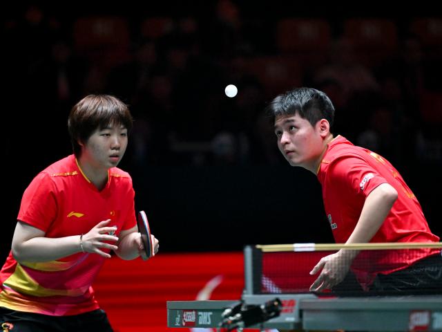 (251201) -- CHENGDU, Dec. 1, 2025 (Xinhua) -- Lin Shidong (R)/Kuai Man of China compete in the mixed doubles match against Badr Mostafa /Marwa Alhodaby of Egypt during the stage 1 group match between China and Egypt at the ITTF Mixed Team World Cup 2025 in Chengdu, southwest China's Sichuan Province, Dec. 1, 2025. (Xinhua/Xu Bingjie)