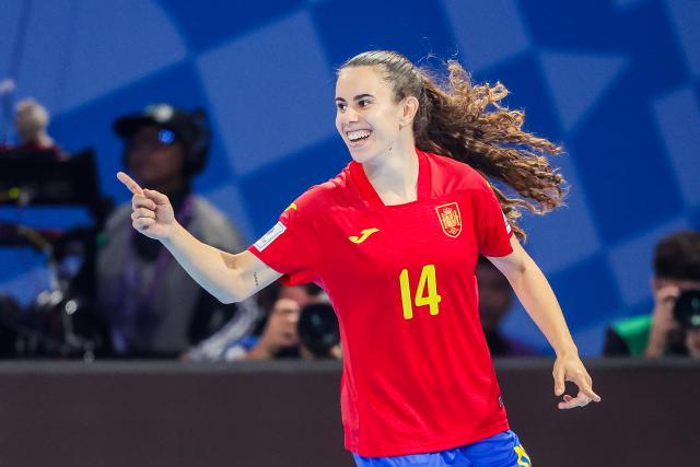 (251202) -- PASIG CITY, Dec. 2, 2025 (Xinhua) -- Irene Cordoba of Spain celebrates after scoring a goal during the quarterfinal match between Spain and Morocco at the FIFA Futsal Women's World Cup 2025 in Pasig City, the Philippines, Dec. 1, 2025. (Xinhua/Rouelle Umali)