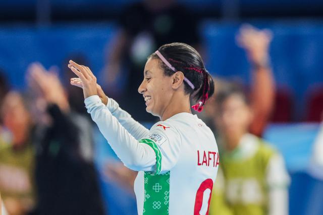 (251202) -- PASIG CITY, Dec. 2, 2025 (Xinhua) -- Nadia Laftah of Morocco celebrates after scoring a goal during the quarterfinal match between Spain and Morocco at the FIFA Futsal Women's World Cup 2025 in Pasig City, the Philippines, Dec. 1, 2025. (Xinhua/Rouelle Umali)