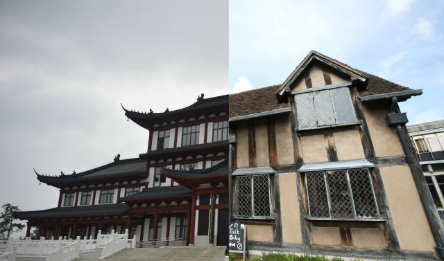 (251202) -- NANCHANG, Dec. 2, 2025 (Xinhua) -- This combo file photo shows the commemorative museum of Chinese playwright Tang Xianzu in Fuzhou of east China's Jiangxi Province (L, taken by Xinhua photographer Zhou Mi on Oct. 12, 2016) and the former residence of British writer William Shakespeare in Stratford-upon-Avon, Britain (R, taken by Xinhua photographer Han Yan on July 21, 2016). (Xinhua)