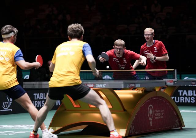 (251202) -- CHENGDU, Dec. 2, 2025 (Xinhua) -- Alexis Lebrun (L)/Felix Lebrun of France compete in the men's doubles match against Darius Movileanu/Eduard Ionescu of Romania during the stage 1 group match between France and Romania at the ITTF Mixed Team World Cup 2025 in Chengdu, southwest China's Sichuan Province, Dec. 2, 2025. (Xinhua/Wang Ying)