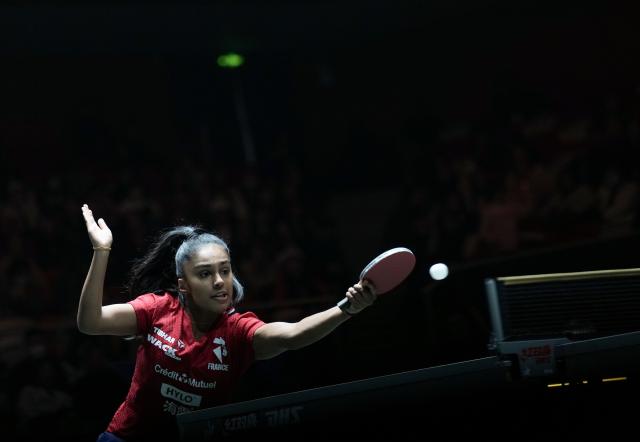 (251202) -- CHENGDU, Dec. 2, 2025 (Xinhua) -- Prithika Pavade of France competes in the women's singles match against Adina Diaconu of Romania during the stage 1 group match between France and Romania at the ITTF Mixed Team World Cup 2025 in Chengdu, southwest China's Sichuan Province, Dec. 2, 2025. (Xinhua/Wang Ying)