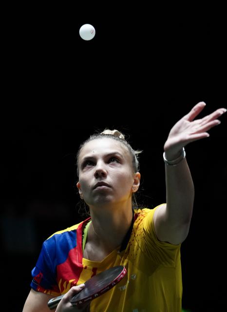 (251202) -- CHENGDU, Dec. 2, 2025 (Xinhua) -- Adina Diaconu of Romania competes in the women's singles match against Prithika Pavade of France during the stage 1 group match between France and Romania at the ITTF Mixed Team World Cup 2025 in Chengdu, southwest China's Sichuan Province, Dec. 2, 2025. (Xinhua/Wang Ying)