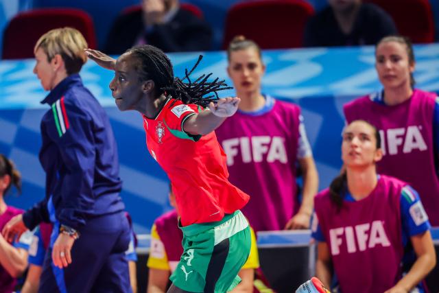 (251202) -- PASIG CITY, Dec. 2, 2025 (Xinhua) -- Janice Silva of Portugal celebrates after scoring a goal during the quarterfinal match between Portugal and Italy at the FIFA Futsal Women's World Cup 2025 in Pasig City, the Philippines, on Dec. 2, 2025. (Xinhua/Rouelle Umali)