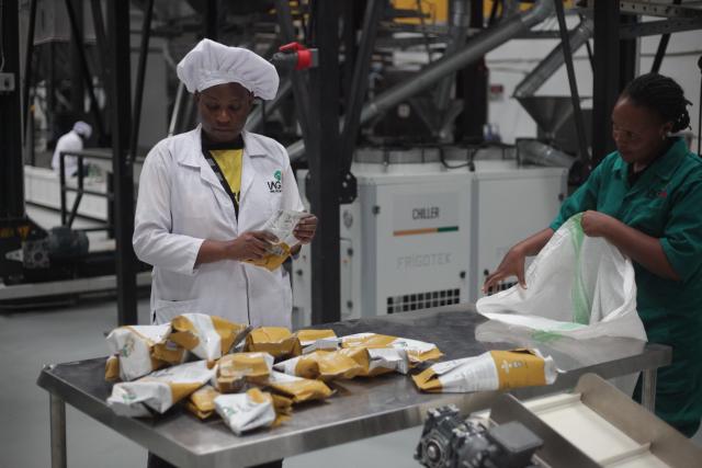 (251202) -- NTUNGAMO, Dec. 2, 2025 (Xinhua) -- Workers sort coffee packages from a machine at the African Coffee Park in western Uganda district of Ntungamo on Nov. 29, 2025. TO GO WITH "China's zero-tariff policy opens new doors for Ugandan coffee exports: entrepreneur " (Photo by Ronald Ssekandi/Xinhua)
