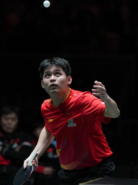 (251203) -- CHENGDU, Dec. 3, 2025 (Xinhua) -- Lin Shidong of China serves during the men's singles match against Tomislav Pucar of Croatia during the stage 2 match between China and Croatia at the ITTF Mixed Team World Cup 2025 in Chengdu, southwest China's Sichuan Province, Dec. 3, 2025. (Xinhua/Wang Xi)