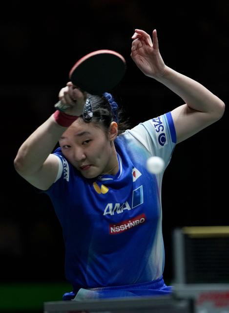 (251203) -- CHENGDU, Dec. 3, 2025 (Xinhua) -- Harimoto Miwa of Japan hits a return in the women's singles match against Zhu Chengzhu of China's Hong Kong during the stage 2 group match between Japan and China's Hong Kong at the ITTF Mixed Team World Cup 2025 in Chengdu, southwest China's Sichuan Province, Dec. 3, 2025. (Xinhua/Wang Ying)