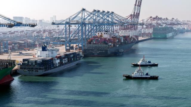 (251204) -- QINGDAO, Dec. 4, 2025 (Xinhua) -- A drone photo taken on Dec. 4, 2025 shows cargo ships loading and unloading containers at the Qianwan Container Terminal of Qingdao Port in east China's Shandong Province. With nearly 240 foreign trade routes, Qingdao Port connects over 700 ports in more than 180 countries and regions worldwide. (Xinhua/Li Ziheng)