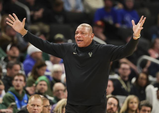 (251204) -- MILWAUKEE, Dec. 4, 2025 (Xinhua) -- Milwaukee Bucks's coach Doc Rivers questions a call during the 2025-2026 NBA regular season game between Milwaukee Bucks and Detroit Pistons in Milwaukee, the United States, on Dec. 3, 2025. (Photo by Joel Lerner/Xinhua)
