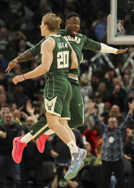 (251204) -- MILWAUKEE, Dec. 4, 2025 (Xinhua) -- AJ Green (front) and Thanasis Antetokounmpo of Milwaukee Bucks celebrate taking the lead during the 2025-2026 NBA regular season game between Milwaukee Bucks and Detroit Pistons in Milwaukee, the United States, on Dec. 3, 2025. (Photo by Joel Lerner/Xinhua)