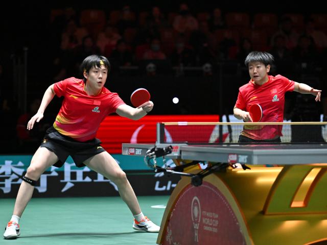 (251204) -- CHENGDU, Dec. 4, 2025 (Xinhua) -- Wang Chuqin (L)/Sun Yingsha of China compete in the mixed doubles match against Alexis Lebrun/Yuan Jia Nan of France during the stage 2 group match between China and France at the ITTF  Mixed Team World Cup 2025 in Chengdu, southwest China's Sichuan Province, Dec. 4, 2025. (Xinhua/Xu Bingjie)