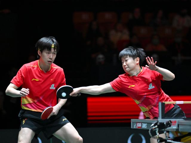 (251204) -- CHENGDU, Dec. 4, 2025 (Xinhua) -- Wang Chuqin/Sun Yingsha (R) of China compete in the mixed doubles match against Alexis Lebrun/Yuan Jia Nan of France during the stage 2 group match between China and France at the ITTF  Mixed Team World Cup 2025 in Chengdu, southwest China's Sichuan Province, Dec. 4, 2025. (Xinhua/Xu Bingjie)