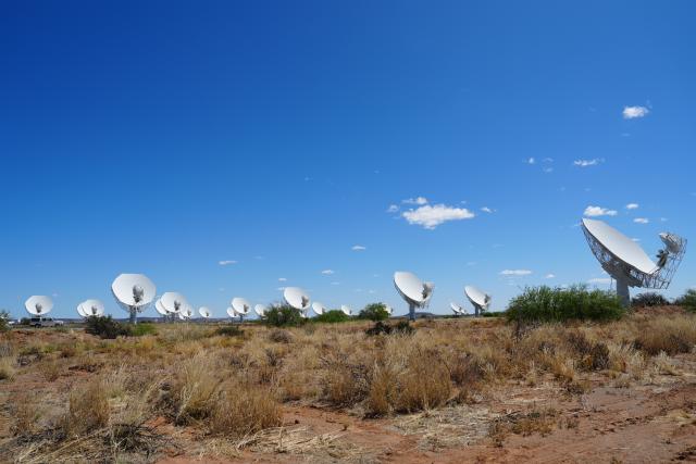 (251204) -- CAPE TOWN, Dec. 4, 2025 (Xinhua) -- This photo taken on Sept. 24, 2025 shows the antenna array of MeerKAT radio telescope in Carnarvon, Northern Cape Province of South Africa. TO GO WITH "S. African scientists discover most distant ultra-steep-spectrum radio halo" (Xinhua/Wang Lei)