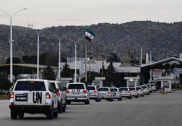 (251204) -- DAMASCUS, Dec. 4, 2025 (Xinhua) -- A convoy of the UN Security Council delegation is seen upon entering Syria through the Lebanese border in the countryside of Damascus, Syria, Dec. 4, 2025. A United Nations Security Council (UNSC) delegation made a rare visit to Syria on Thursday, marking a high-level engagement with Syrian authorities since they took power following the ouster of former President Bashar al-Assad in December 2024. (Photo by Ammar Safarjalani/Xinhua)