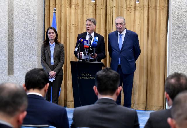 (251204) -- DAMASCUS, Dec. 4, 2025 (Xinhua) -- Samuel Zbogar, Slovenia's permanent UN representative and Security Council president for December, speaks during a press briefing in Damascus, Syria, Dec. 4, 2025. A United Nations Security Council (UNSC) delegation made a rare visit to Syria on Thursday, marking a high-level engagement with Syrian authorities since they took power following the ouster of former President Bashar al-Assad in December 2024. (Photo by Ammar Safarjalani/Xinhua)