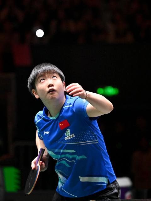 (251205) -- CHENGDU, Dec. 5, 2025 (Xinhua) -- Sun Yingsha of China serves in the women's singles match against Nina Mittelham of Germany during the stage 2 group match between China and Germany at the ITTF Mixed Team World Cup 2025 in Chengdu, southwest China's Sichuan Province, Dec. 5, 2025. (Xinhua/Xu Bingjie)