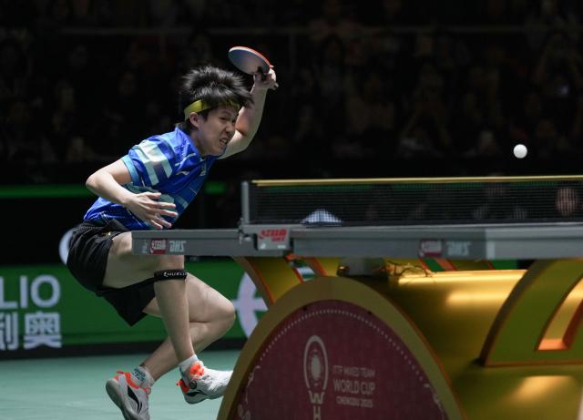(251205) -- CHENGDU, Dec. 5, 2025 (Xinhua) -- Wang Chuqin of China competes in the men's singles match against Patrick Franziska of Germany during the stage 2 group match between China and Germany at the ITTF Mixed Team World Cup 2025 in Chengdu, southwest China's Sichuan Province, Dec. 5, 2025. (Xinhua/Wang Ying)