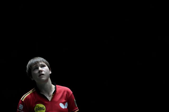 (251205) -- CHENGDU, Dec. 5, 2025 (Xinhua) -- Nina Mittelham of Germany reacts in the women's singles match against Sun Yingsha of China during the stage 2 group match between China and Germany at the ITTF Mixed Team World Cup 2025 in Chengdu, southwest China's Sichuan Province, Dec. 5, 2025. (Xinhua/Wang Ying)