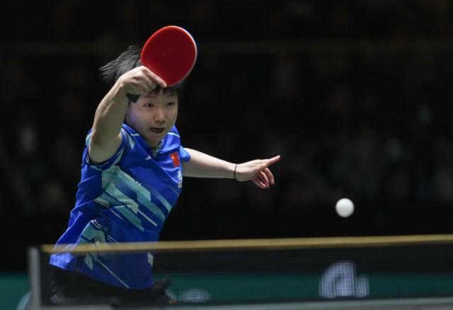 (251205) -- CHENGDU, Dec. 5, 2025 (Xinhua) -- Sun Yingsha of China competes in the women's singles match against Nina Mittelham of Germany during the stage 2 group match between China and Germany at the ITTF Mixed Team World Cup 2025 in Chengdu, southwest China's Sichuan Province, Dec. 5, 2025. (Xinhua/Wang Ying)