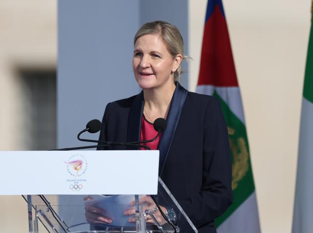 (251205) -- ROME, Dec. 5, 2025 (Xinhua) -- International Olympic Committee President Kirsty Coventry speaks during the cauldron lighting ceremony of the 2026 Milan-Cortina Olympic Winter Games at the Quirinale Palace in Rome, Italy, Dec. 5, 2025. (Xinhua/Li Jing)