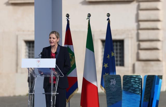 (251205) -- ROME, Dec. 5, 2025 (Xinhua) -- International Olympic Committee President Kirsty Coventry speaks during the cauldron lighting ceremony of the 2026 Milan-Cortina Olympic Winter Games at the Quirinale Palace in Rome, Italy, Dec. 5, 2025. (Xinhua/Li Jing)