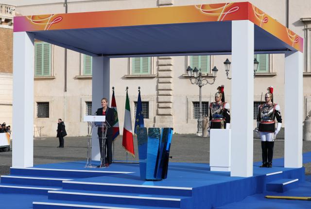 (251205) -- ROME, Dec. 5, 2025 (Xinhua) -- International Olympic Committee President Kirsty Coventry speaks during the cauldron lighting ceremony of the 2026 Milan-Cortina Olympic Winter Games at the Quirinale Palace in Rome, Italy, Dec. 5, 2025. (Xinhua/Li Jing)
