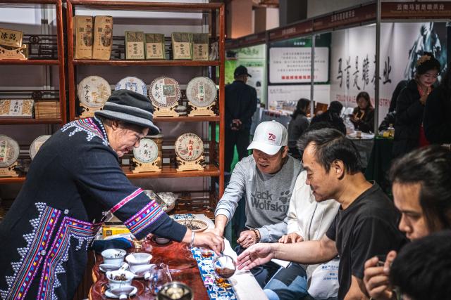(251205) -- PU'ER, Dec. 5, 2025 (Xinhua) -- People taste Pu'er tea at the 2025 China (Pu'er) International Coffee Expo and Pu'er Tea Expo & Trade Fair in Pu'er, southwest China's Yunnan Province, Dec. 5, 2025. The three-day dual-expo event kicked off here on Friday, attracting over 100 enterprises from home and abroad. (Xinhua/Wang Guansen)
